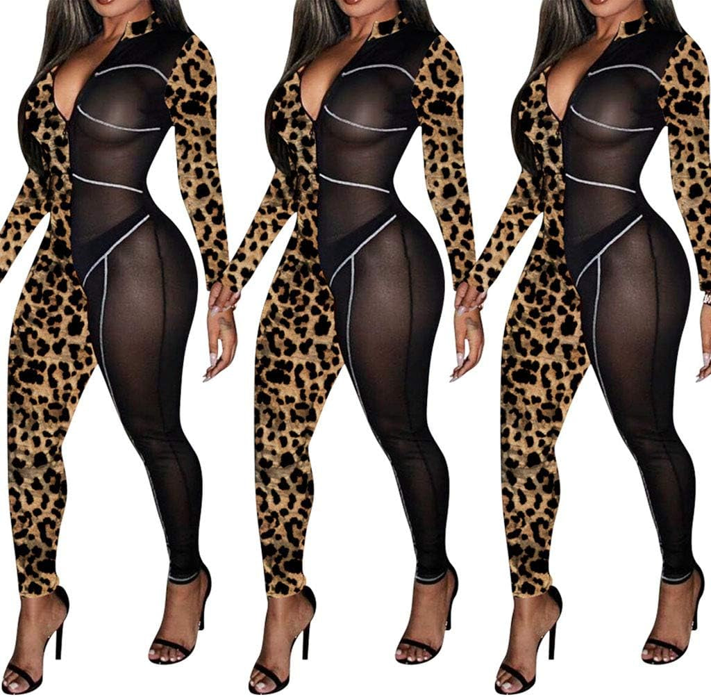 Women See through Bodycon Jumpsuit - One Piece Deep V Neck Outfits Sheer Mesh Leopard Clubwear Jumpsuit Rompers