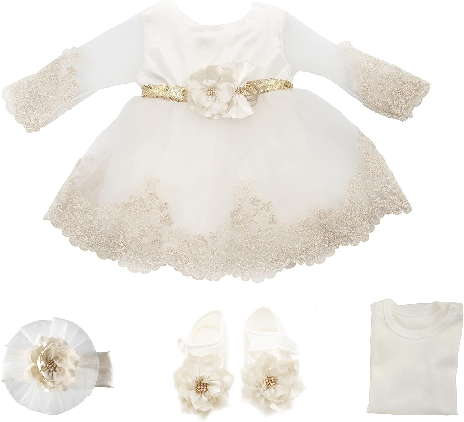 Newborn Baby Girl Lace Dress Set, 4 Pieces Outfit for Special Occasions (US, Age, 0 Months, White, Gold Belt (With Gift Box))