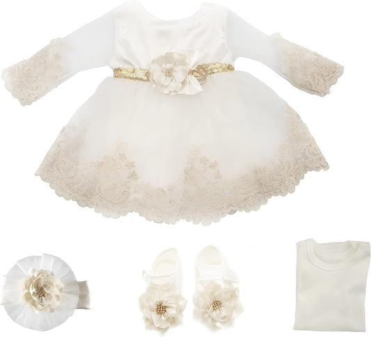 Newborn Baby Girl Lace Dress Set, 4 Pieces Outfit for Special Occasions (US, Age, 0 Months, White, Gold Belt (With Gift Box))