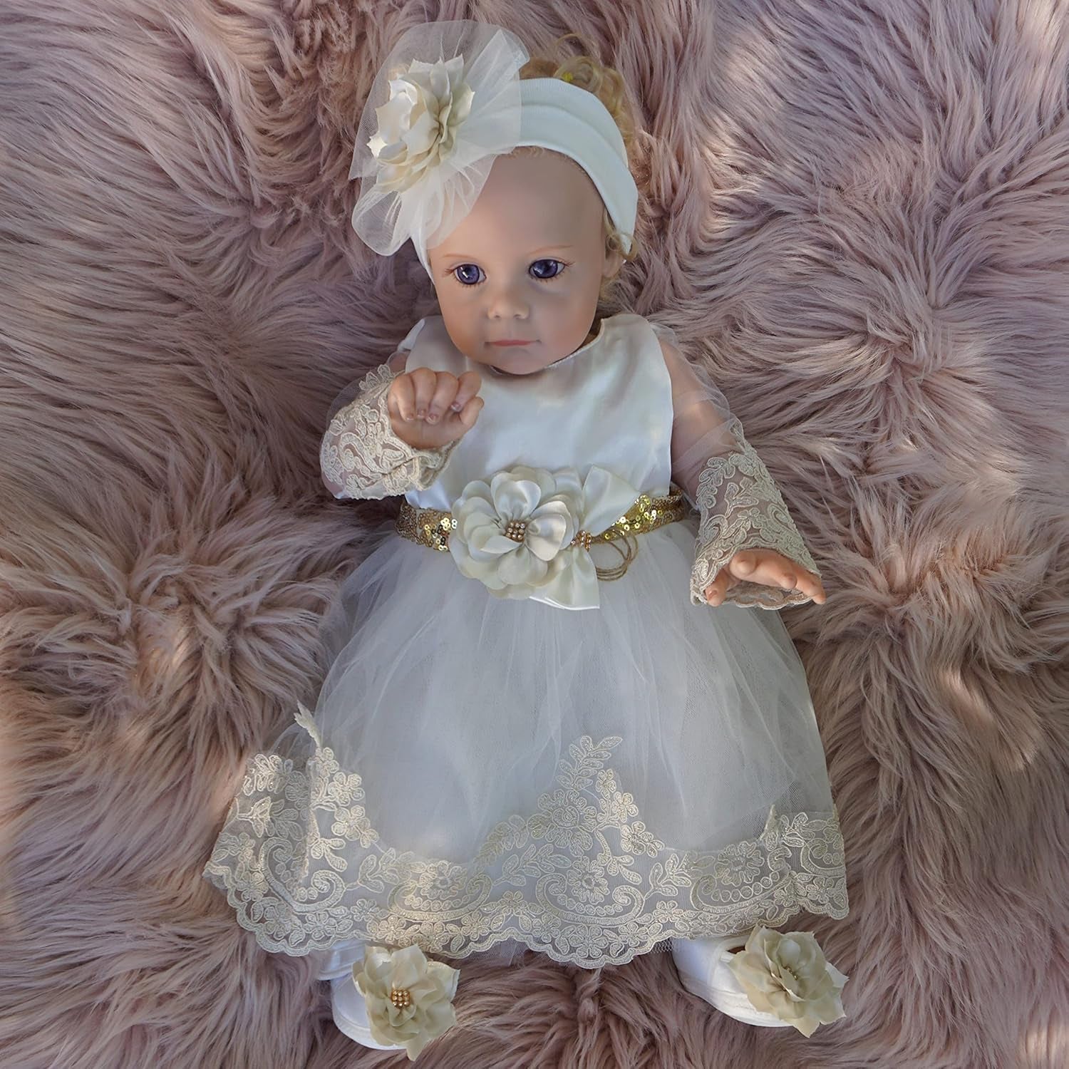 Newborn Baby Girl Lace Dress Set, 4 Pieces Outfit for Special Occasions (US, Age, 0 Months, White, Gold Belt (With Gift Box))