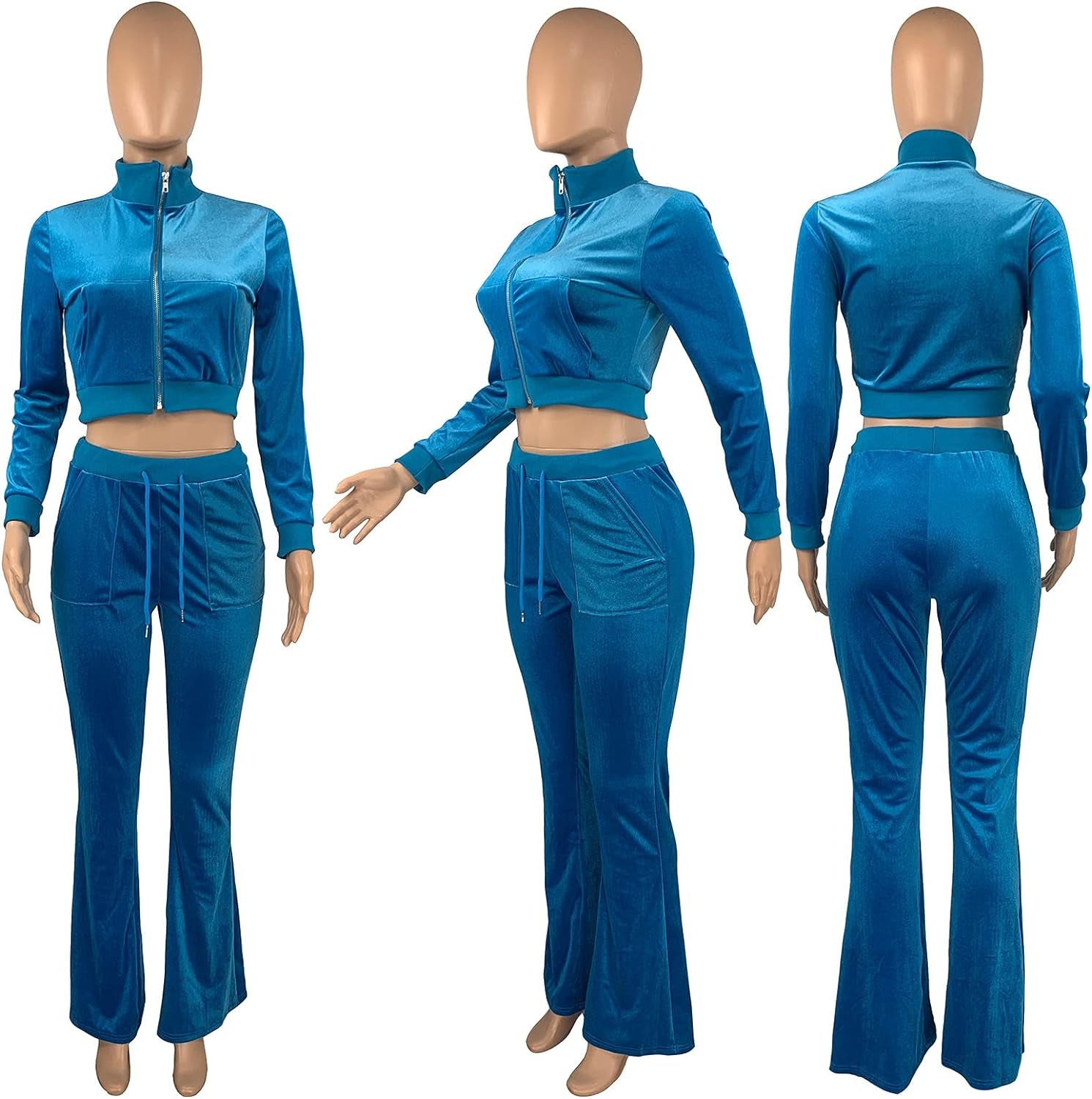 2 Piece Outfits for Women Velour Tracksuits Sweatsuits Set Long Sleeve Crop Tops Jackets and Flared Long Pant Sets