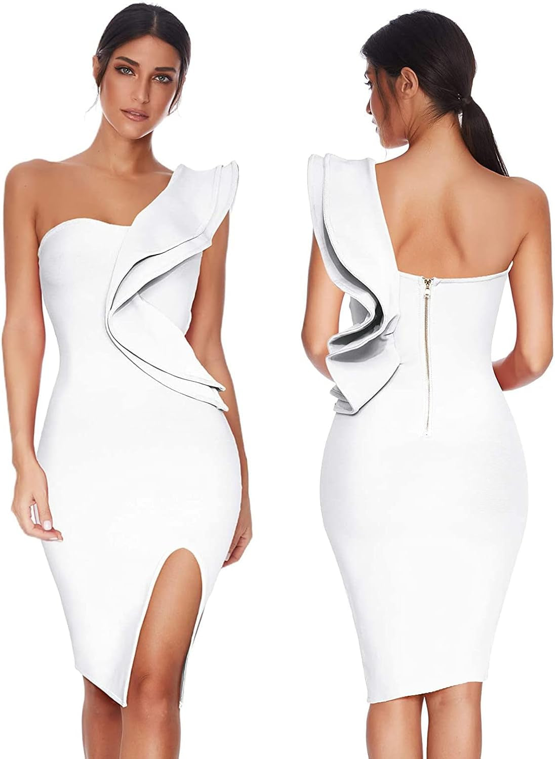 One Shoulder Ruffle Dress Side Split Bodycon Bandage Dress Wedding Guest Dress