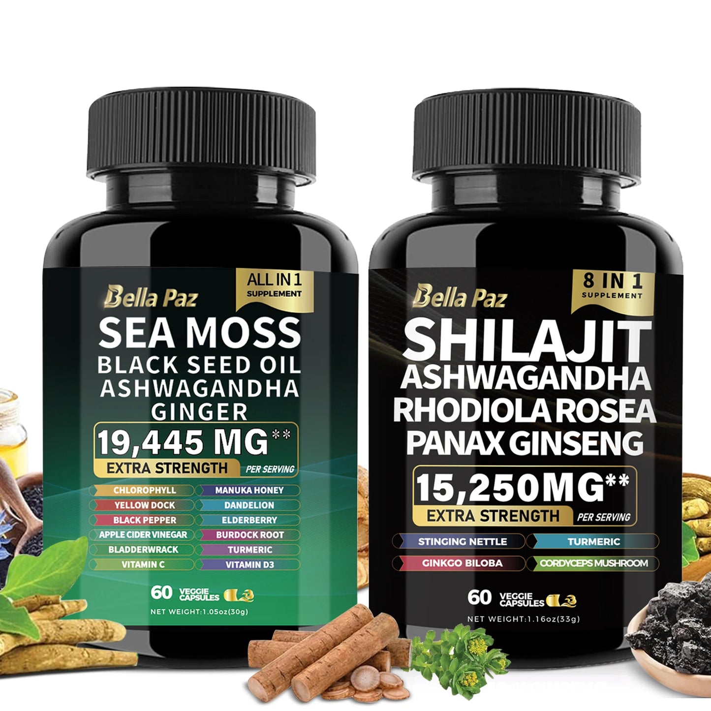 Sea Moss 7000mg, Black Seed Oil 4000mg, Ashwagandha 2000mg, Ginger, Shilajit 9000mg, Ginseng 1500mg