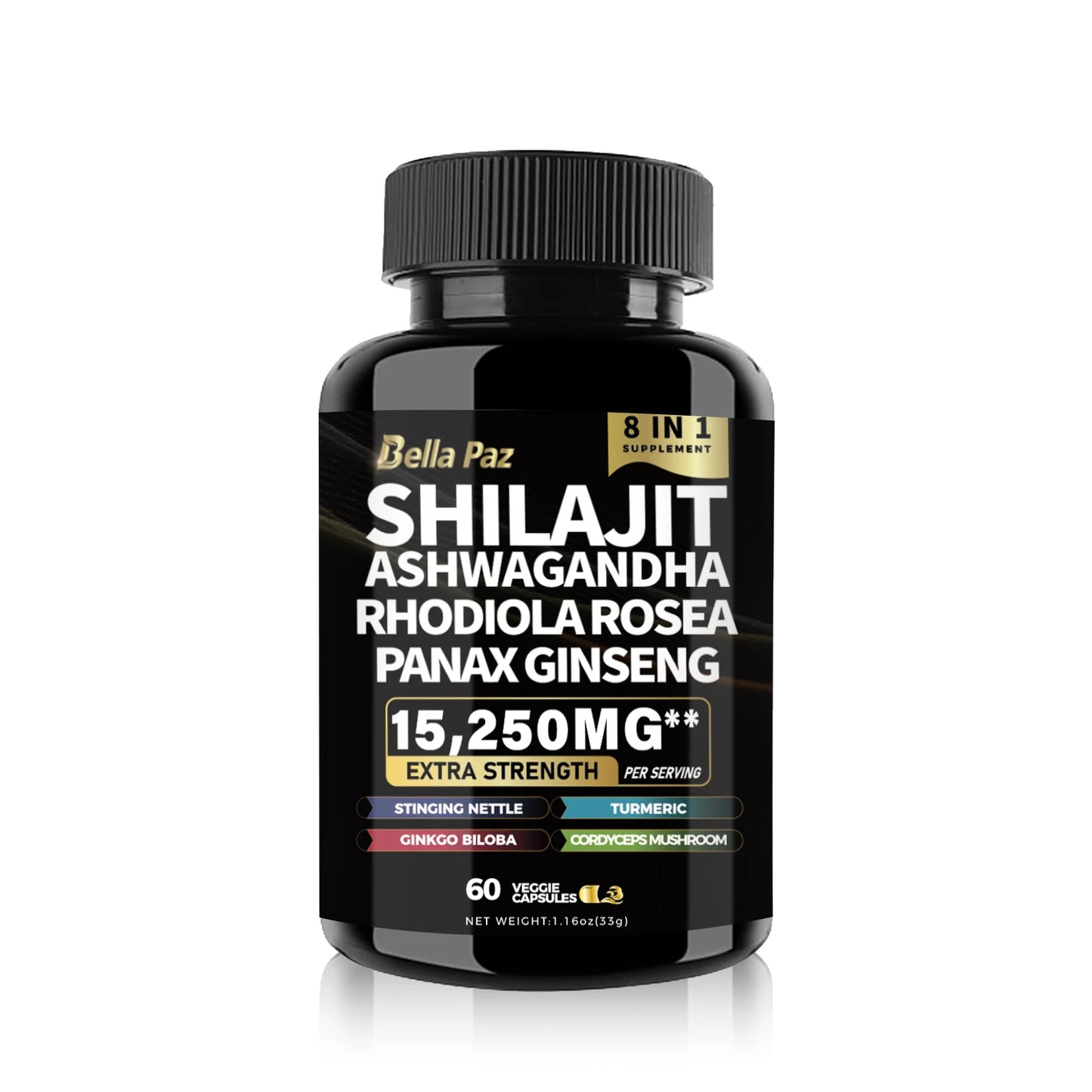 Sea Moss 7000mg, Black Seed Oil 4000mg, Ashwagandha 2000mg, Ginger, Shilajit 9000mg, Ginseng 1500mg