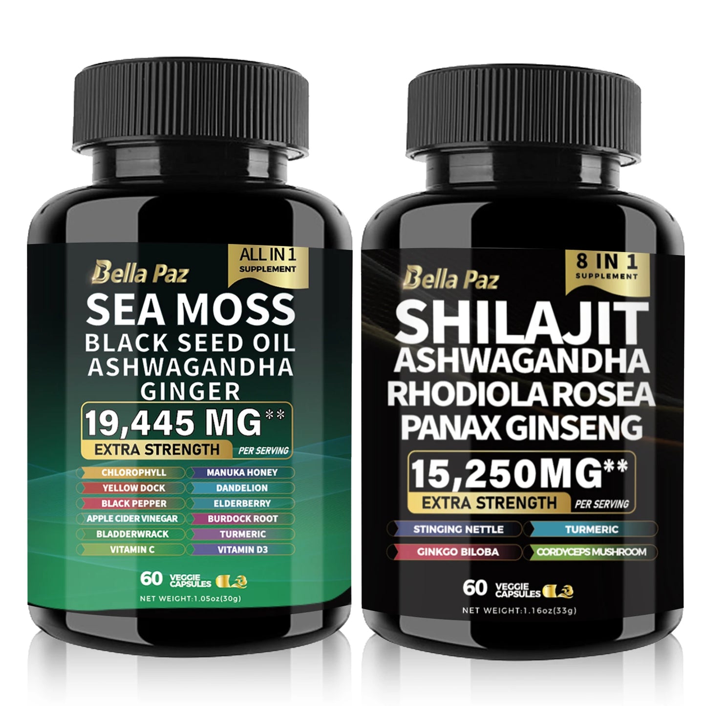 Sea Moss 7000mg, Black Seed Oil 4000mg, Ashwagandha 2000mg, Ginger, Shilajit 9000mg, Ginseng 1500mg