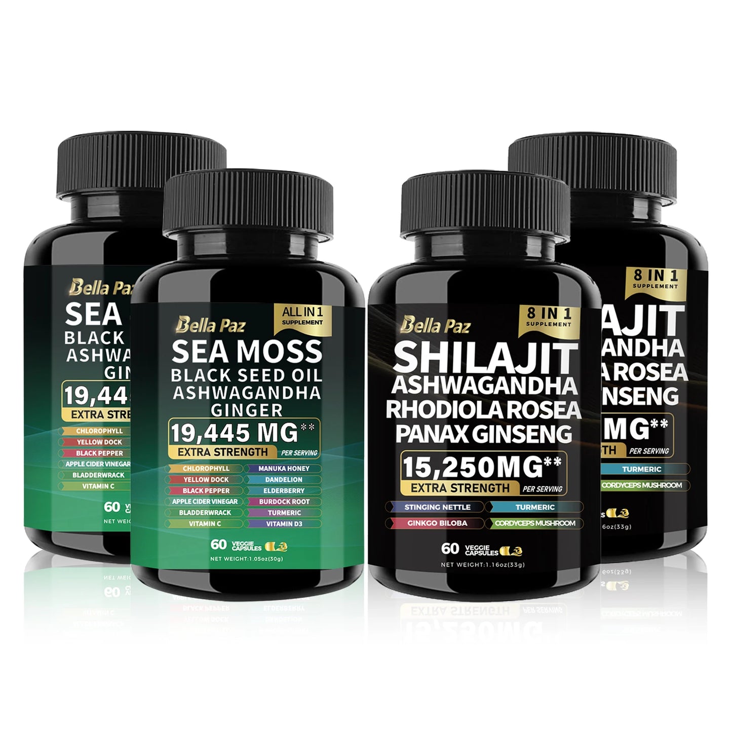 Sea Moss 7000mg, Black Seed Oil 4000mg, Ashwagandha 2000mg, Ginger, Shilajit 9000mg, Ginseng 1500mg