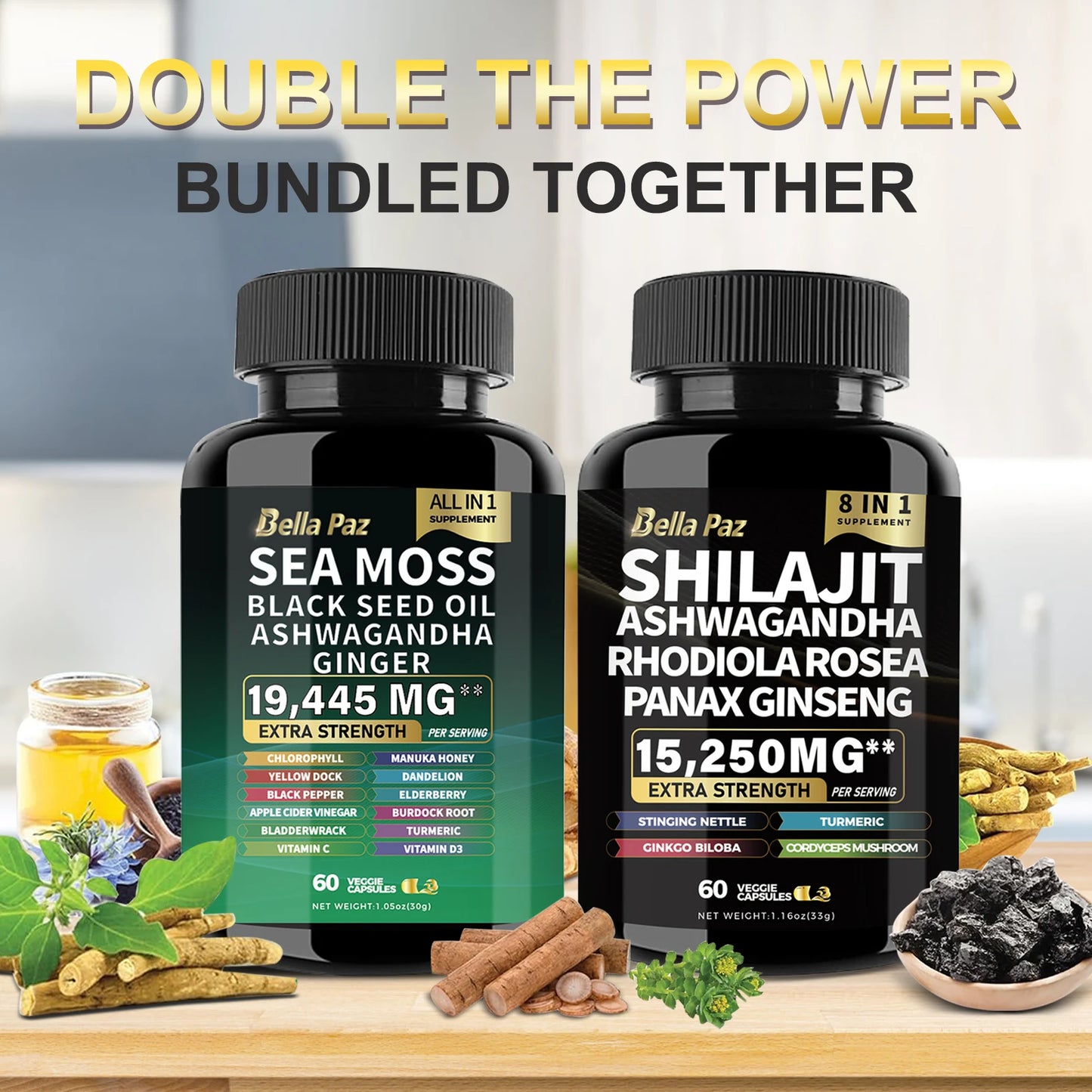 Sea Moss 7000mg, Black Seed Oil 4000mg, Ashwagandha 2000mg, Ginger, Shilajit 9000mg, Ginseng 1500mg