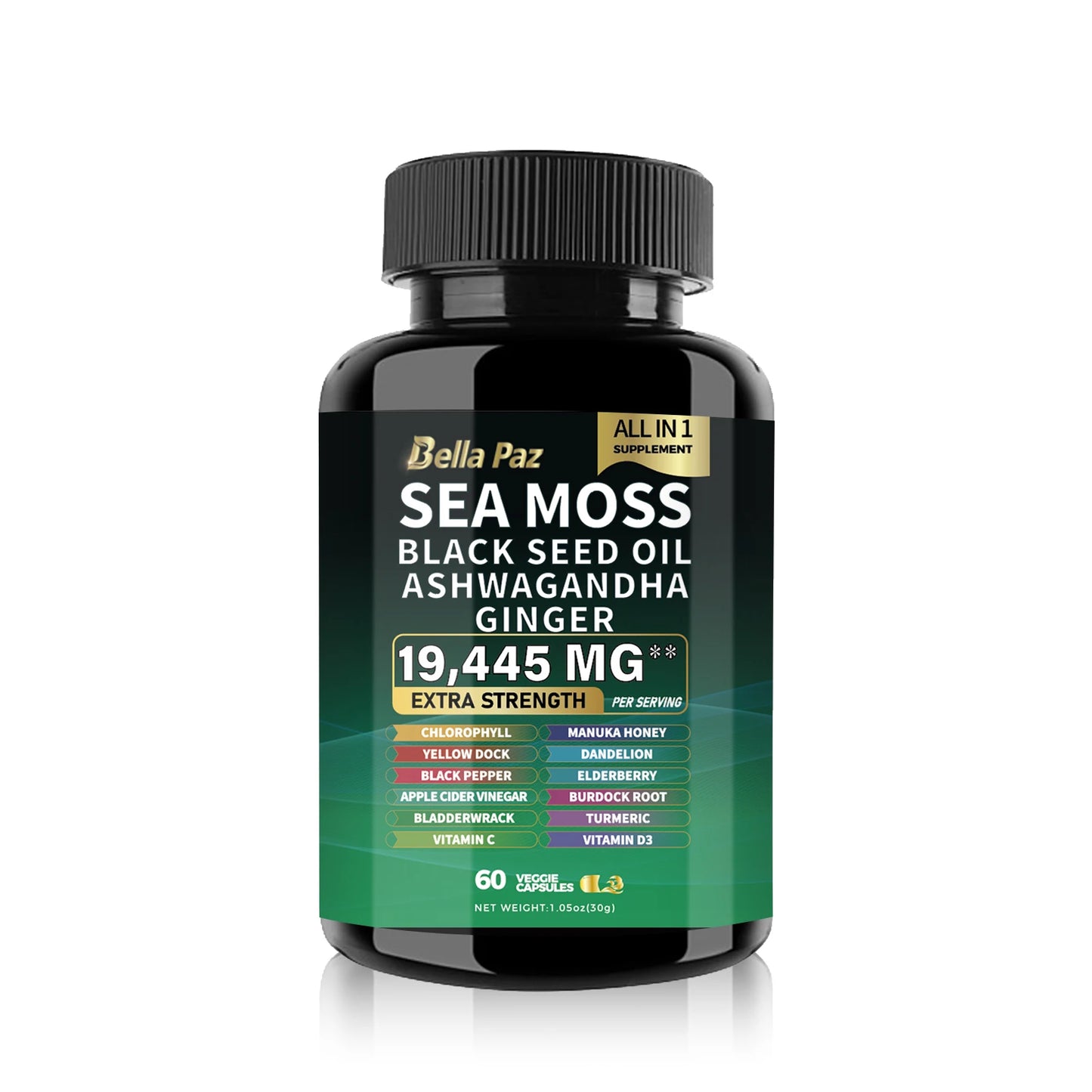 Sea Moss 7000mg, Black Seed Oil 4000mg, Ashwagandha 2000mg, Ginger, Shilajit 9000mg, Ginseng 1500mg