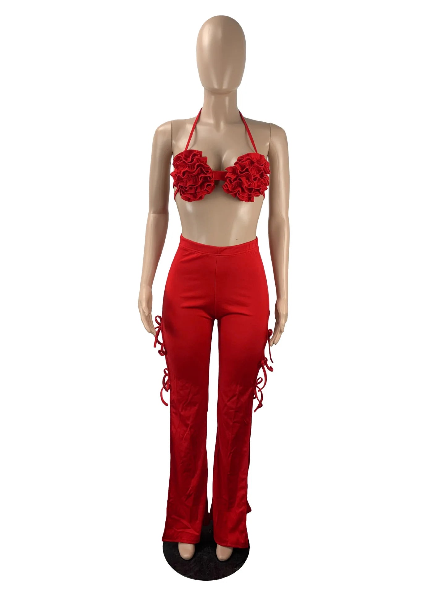 Women`s 2 Piece Set Floral Bra Top and High Side Split Laced Up Wide Leg Pants