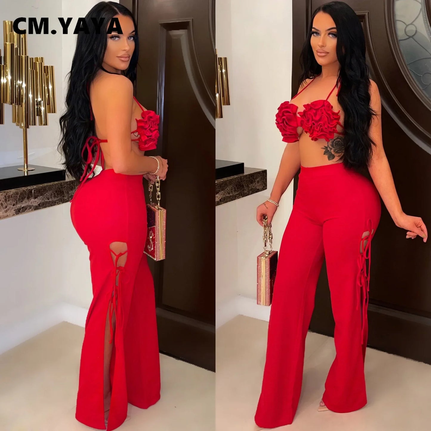 Women`s 2 Piece Set Floral Bra Top and High Side Split Laced Up Wide Leg Pants