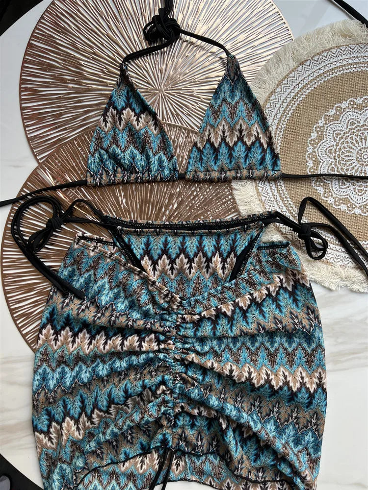 Women`s Three Piece Maple Leaves Knitted Bikini Skirt