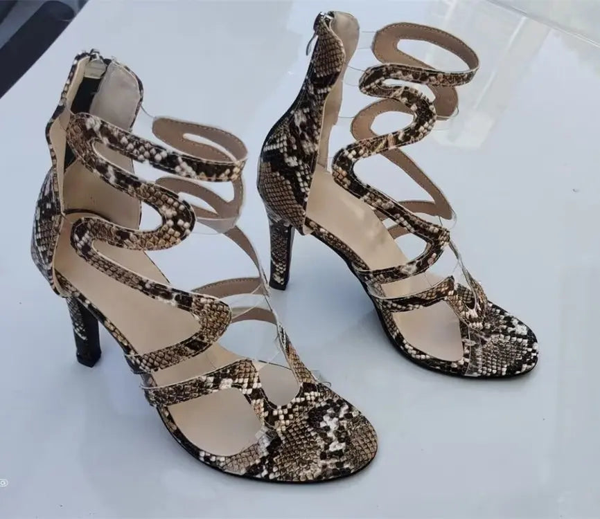 Transparent Serpentine Leather Open Toe Heels