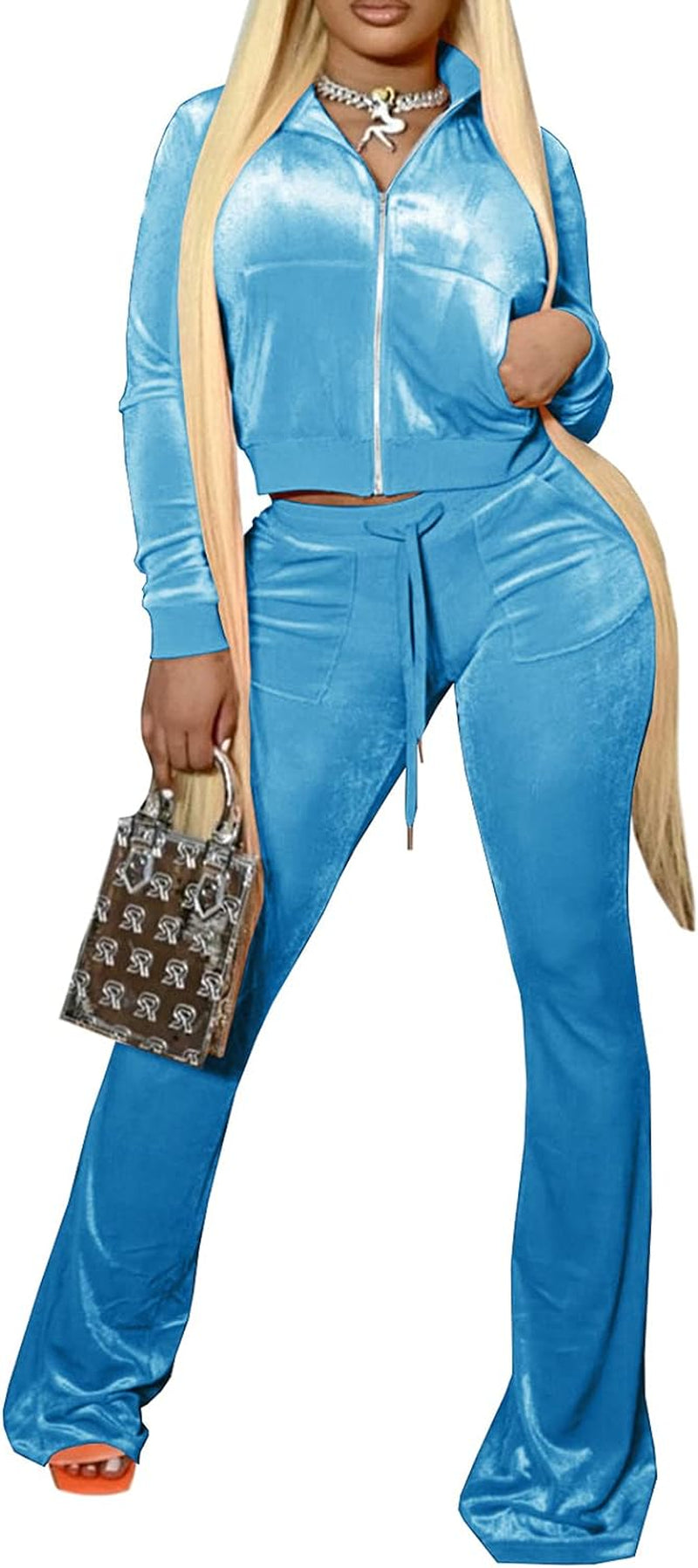 2 Piece Outfits for Women Velour Tracksuits Sweatsuits Set Long Sleeve Crop Tops Jackets and Flared Long Pant Sets