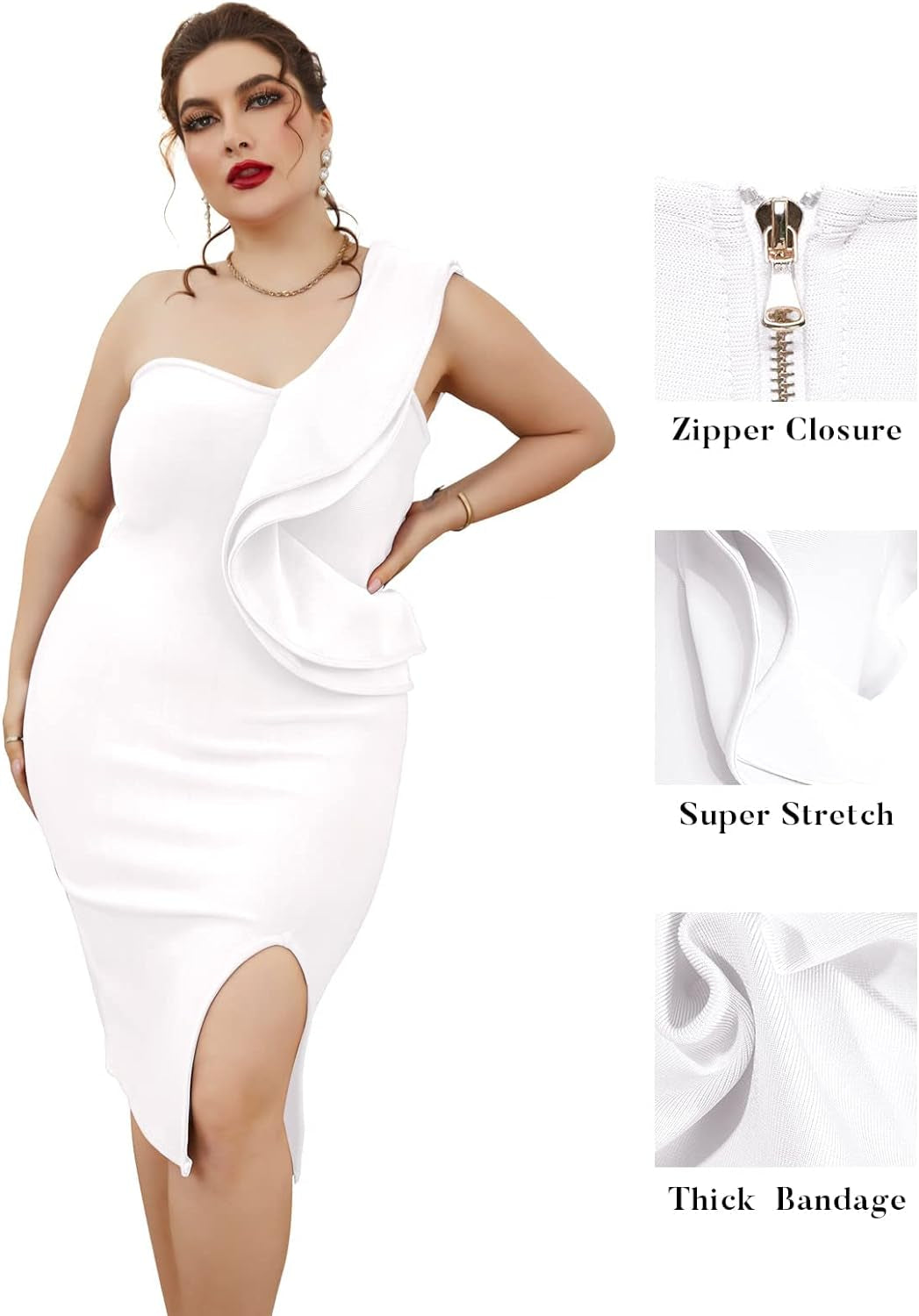 One Shoulder Ruffle Dress Side Split Bodycon Bandage Dress Wedding Guest Dress