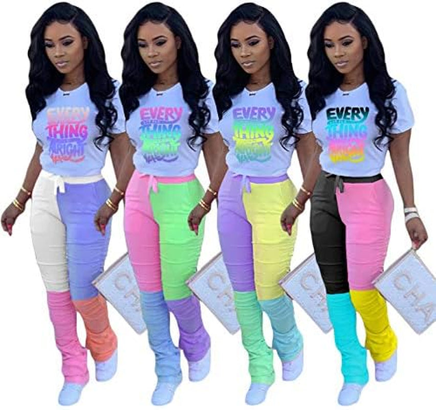 Casual 2 Piece Outfit Sets for Women Color Block Short Sleeve T-Shirts + Stacked Flare Pants Tracksuit Sweatsuit